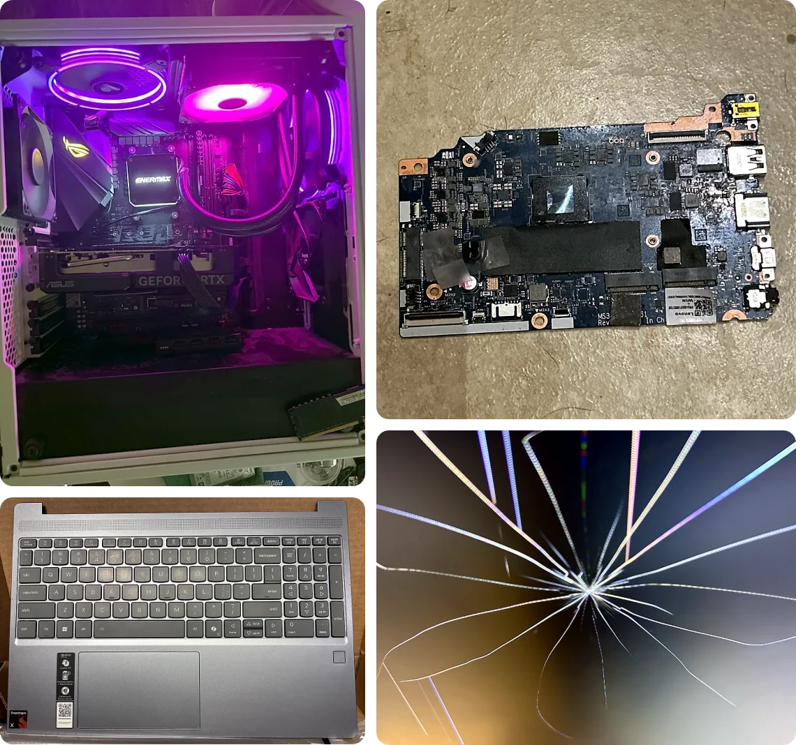 Collage of my own repair work: a custom gaming PC build, a replacement laptop keyboard deck, a laptop motherboard out for repair and a cracked screen