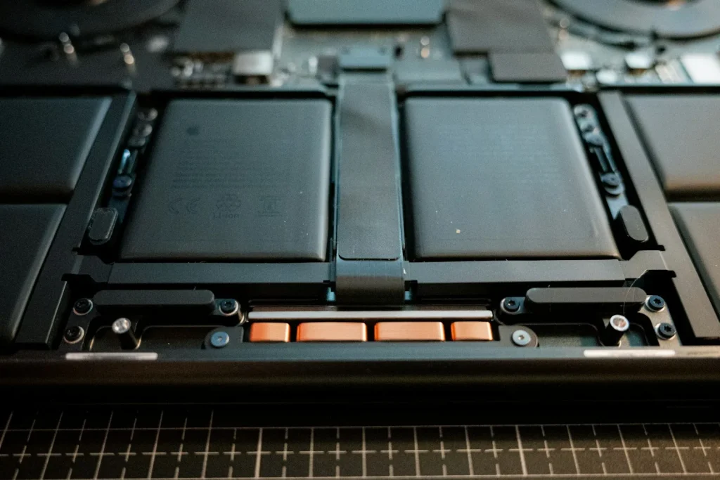 Internal lithium battery inside an opened laptop